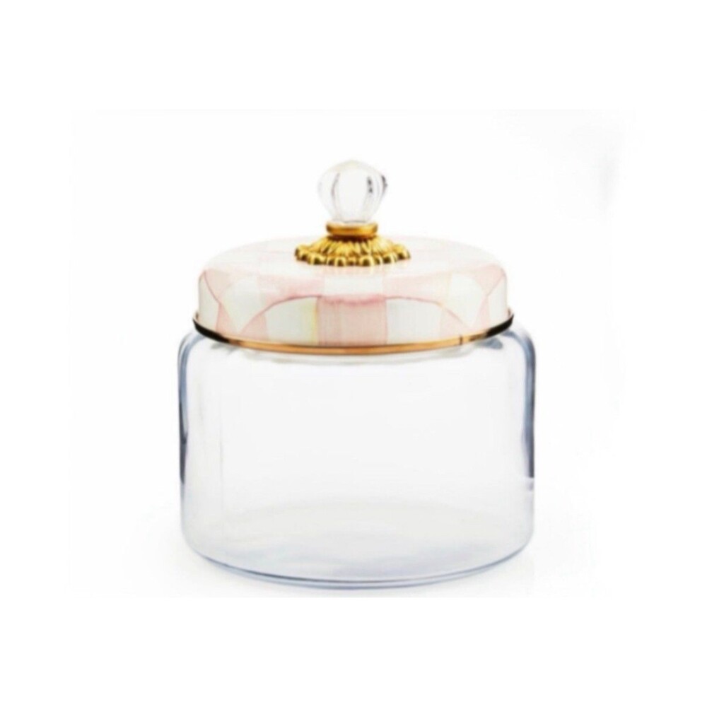 Mackenzie Childs Small Rosy Check Pink and White Glass  Canister New